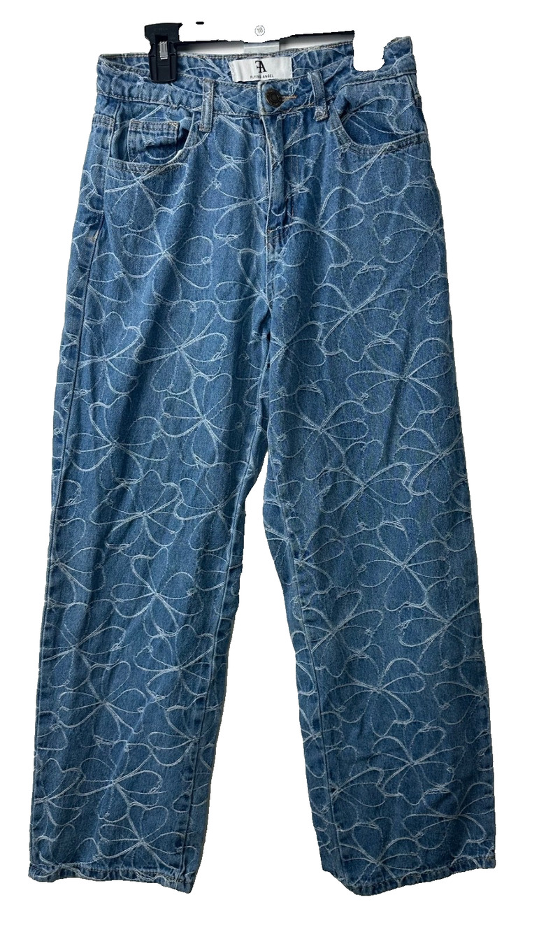 Flying Angel Jeans Floral Print Wide Leg Jeans Soft Denim Size 3/26 Boho B21